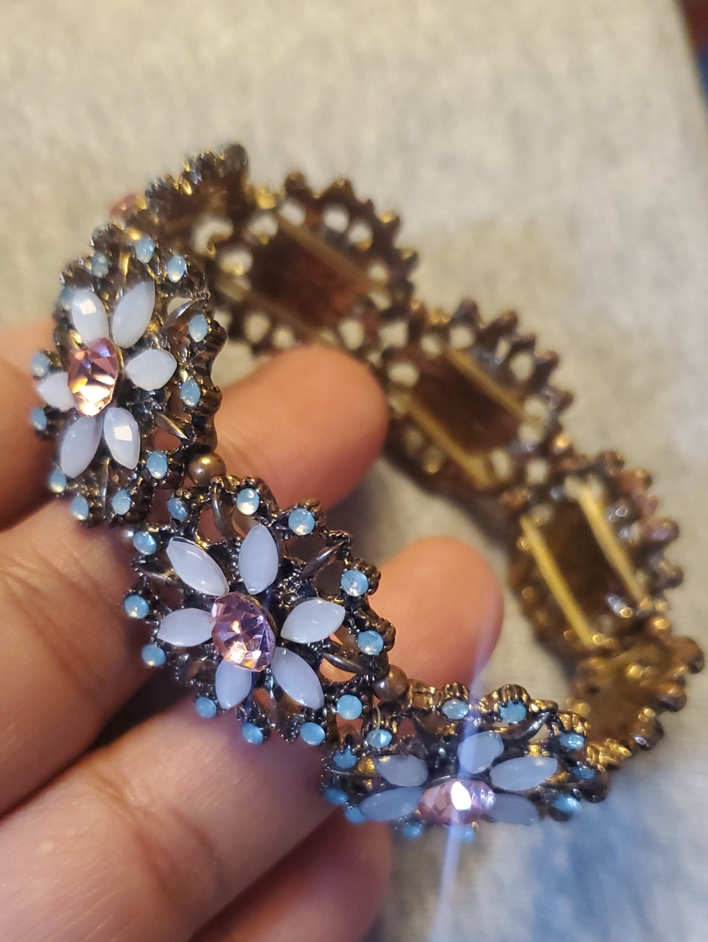Floral Pink & White Crystal Stretch Bronze  Bracelet 7-8"